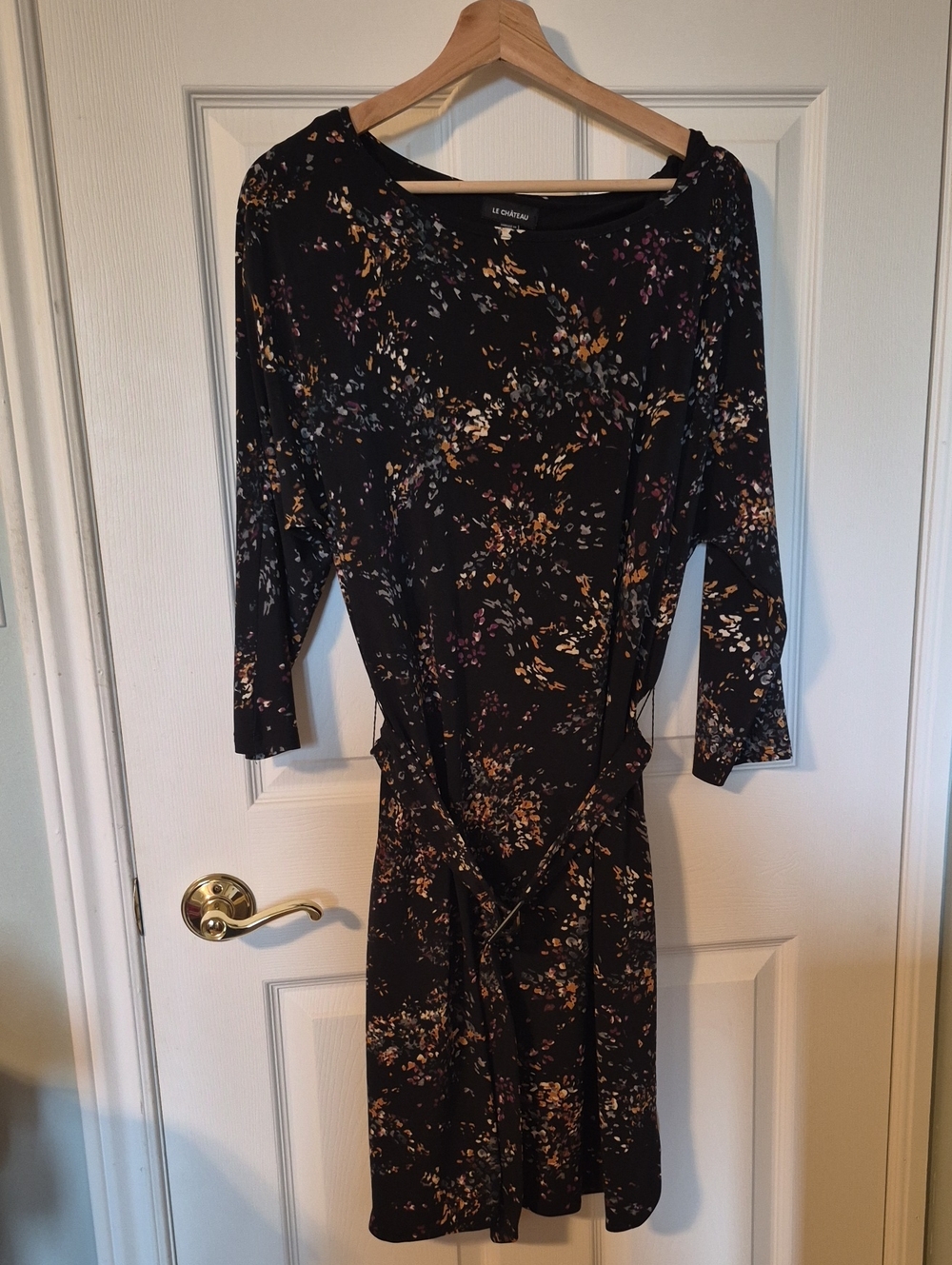 NWOT Le Château Abstract Confetti Belted Dress 3/4 Sleeve Lined M 🖤✨